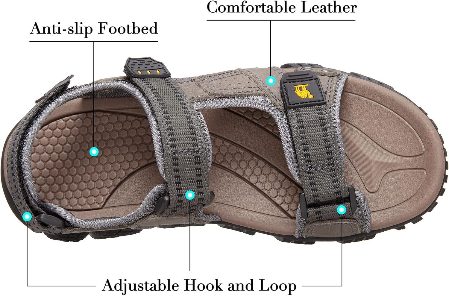 imageCAMEL CROWN Mens Water Sandals Waterproof Arch Support Hiking Sandals Comfort Leather Sandals Adjustable Athletic Outdoor Sandals for Summer Beach Trail WalkingGrey
